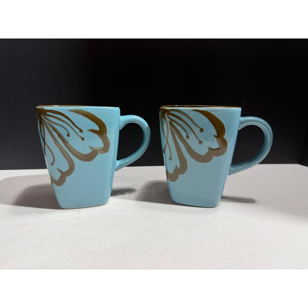 Pier 1 Hibiscus Square Stoneware Mugs Set of 2 Turquoise Blue Brown Floral